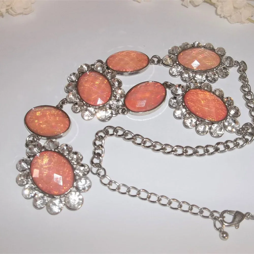 Pre-owned Statement Necklace Orange Peach and Silver White Rhinestones Big A206_3